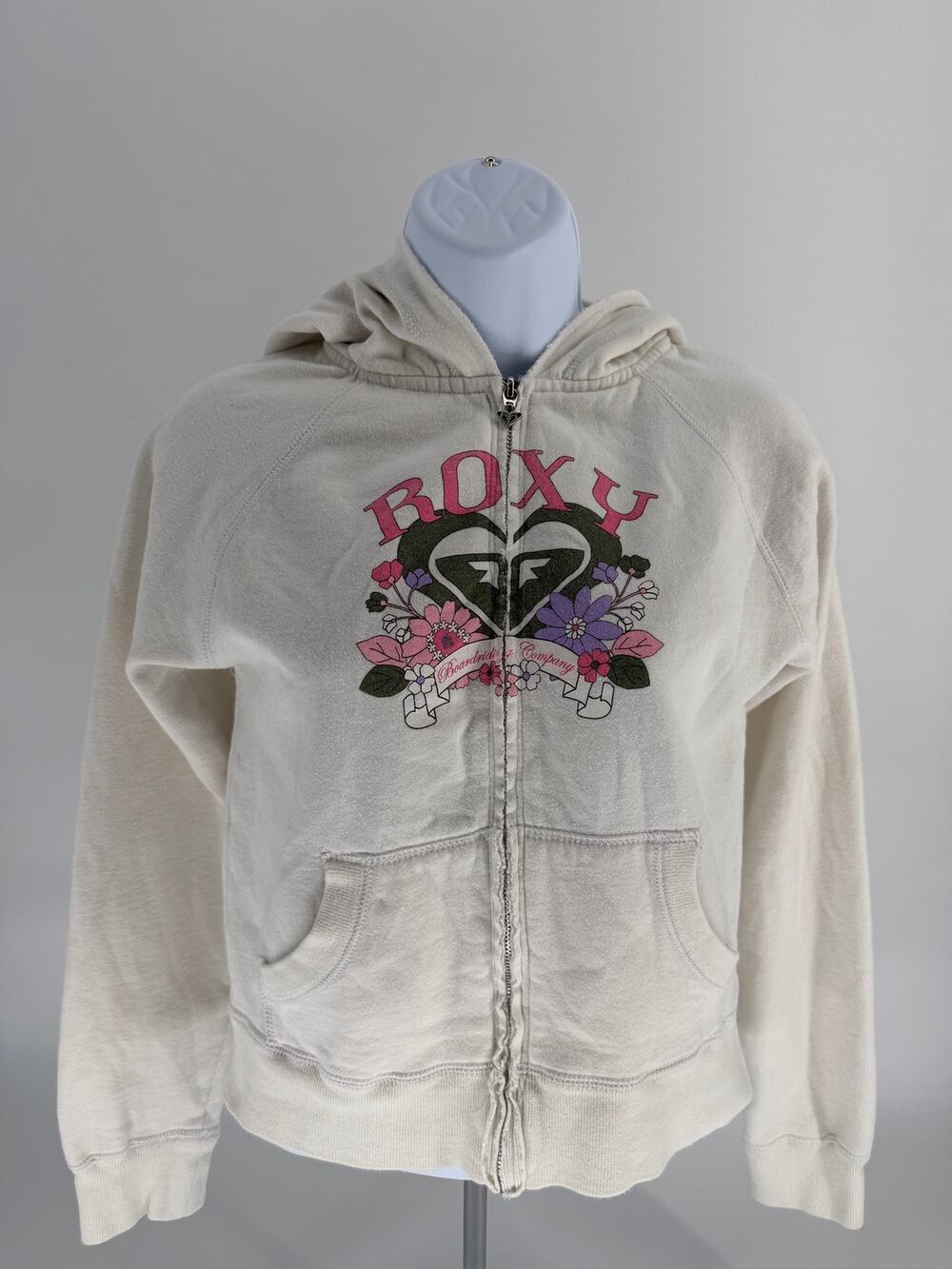 Roxy Y2K Girls XL Full Zip Hoodie White Floral Heart Logo Surf Skate Jacket